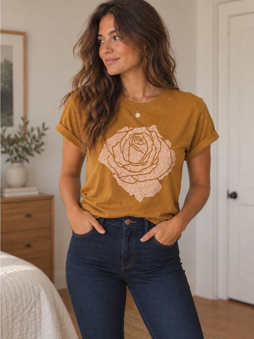 Women’s Short Sleeve Tee with Floral Graphic - Brown